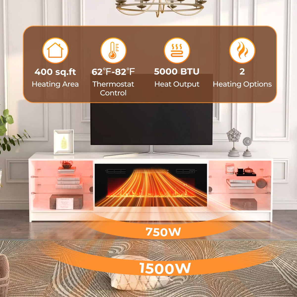 36 Inches Electric Fireplace Heater, Recessed, LED Lights, Remote, Black Fireplaces at Gallery Canada