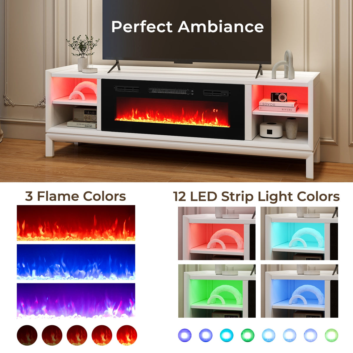 36 Inches Electric Fireplace Heater, Recessed, LED Lights, Remote, Black Fireplaces at Gallery Canada