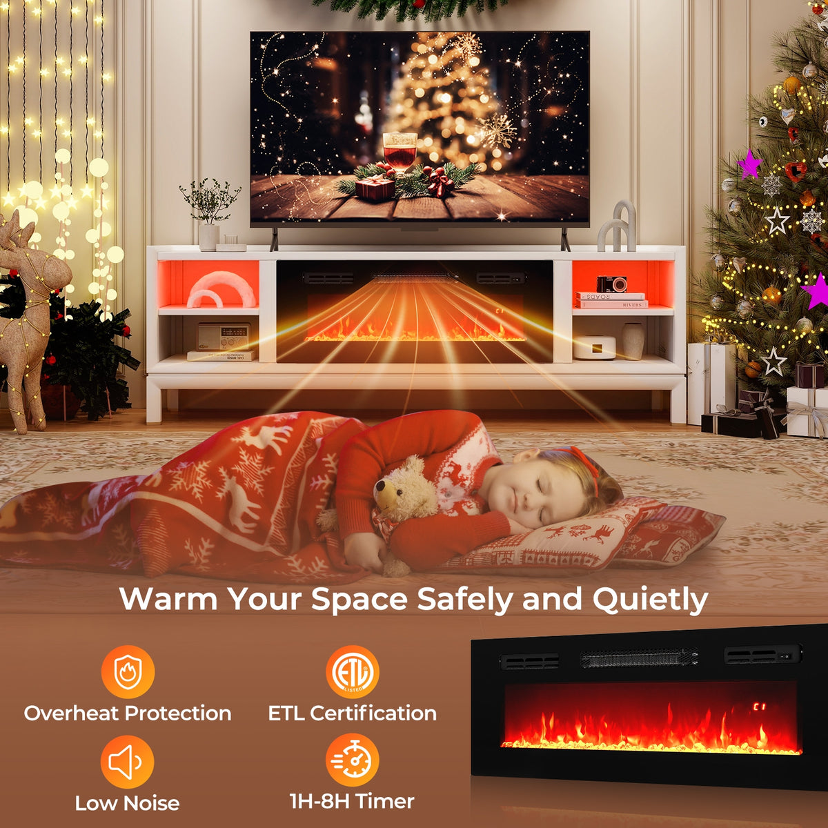 36 Inches Electric Fireplace Heater, Recessed, LED Lights, Remote, Black Fireplaces at Gallery Canada