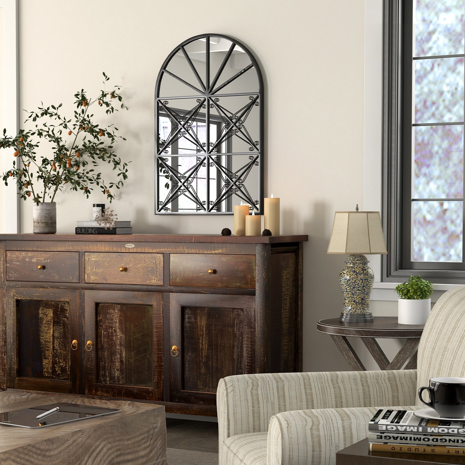 Arched Window Pane Mirror, 23 Inches x 34 Inches, Metal Frame, Black Wall Mirrors at Gallery Canada
