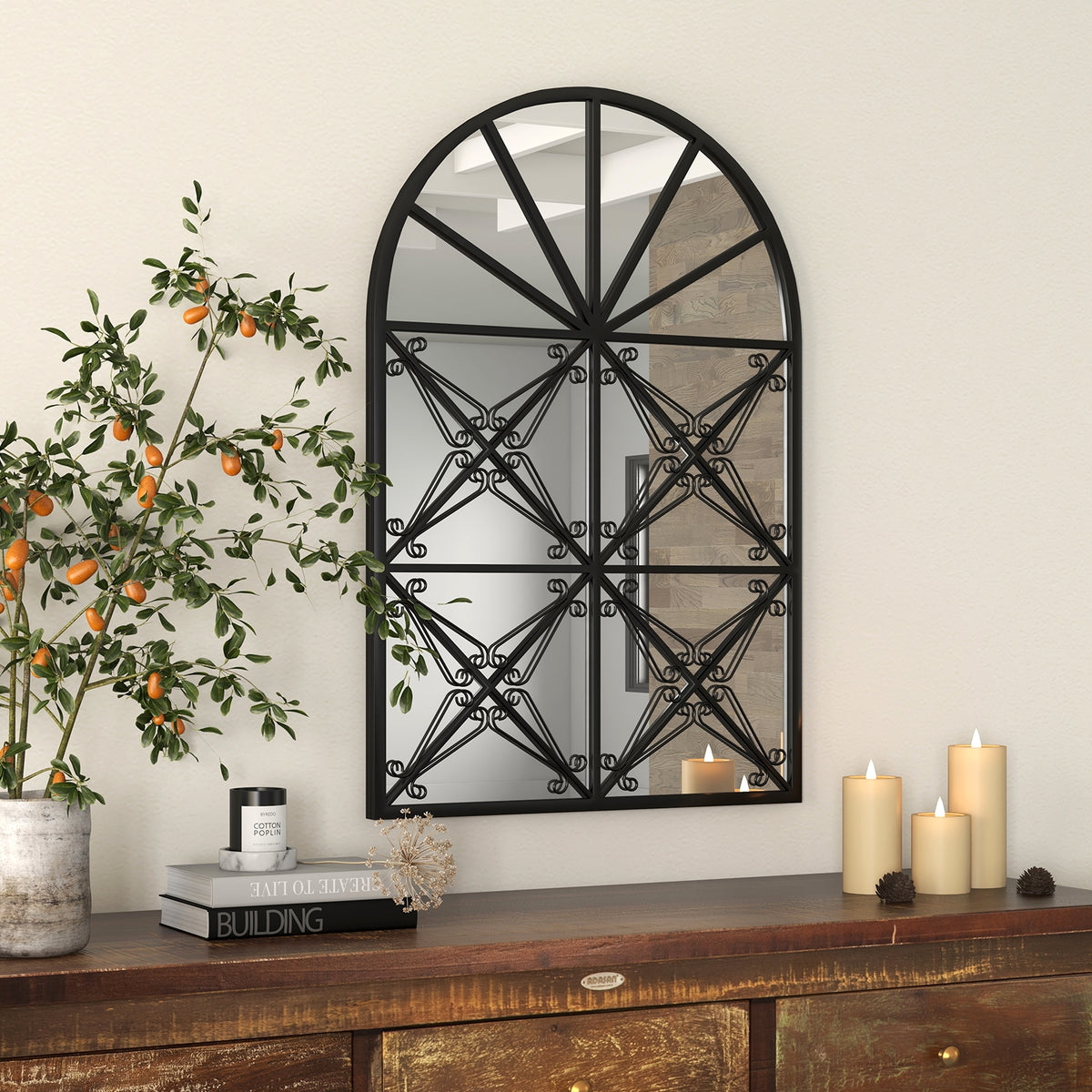 Arched Window Pane Mirror, 23 Inches x 34 Inches, Metal Frame, Black Wall Mirrors at Gallery Canada