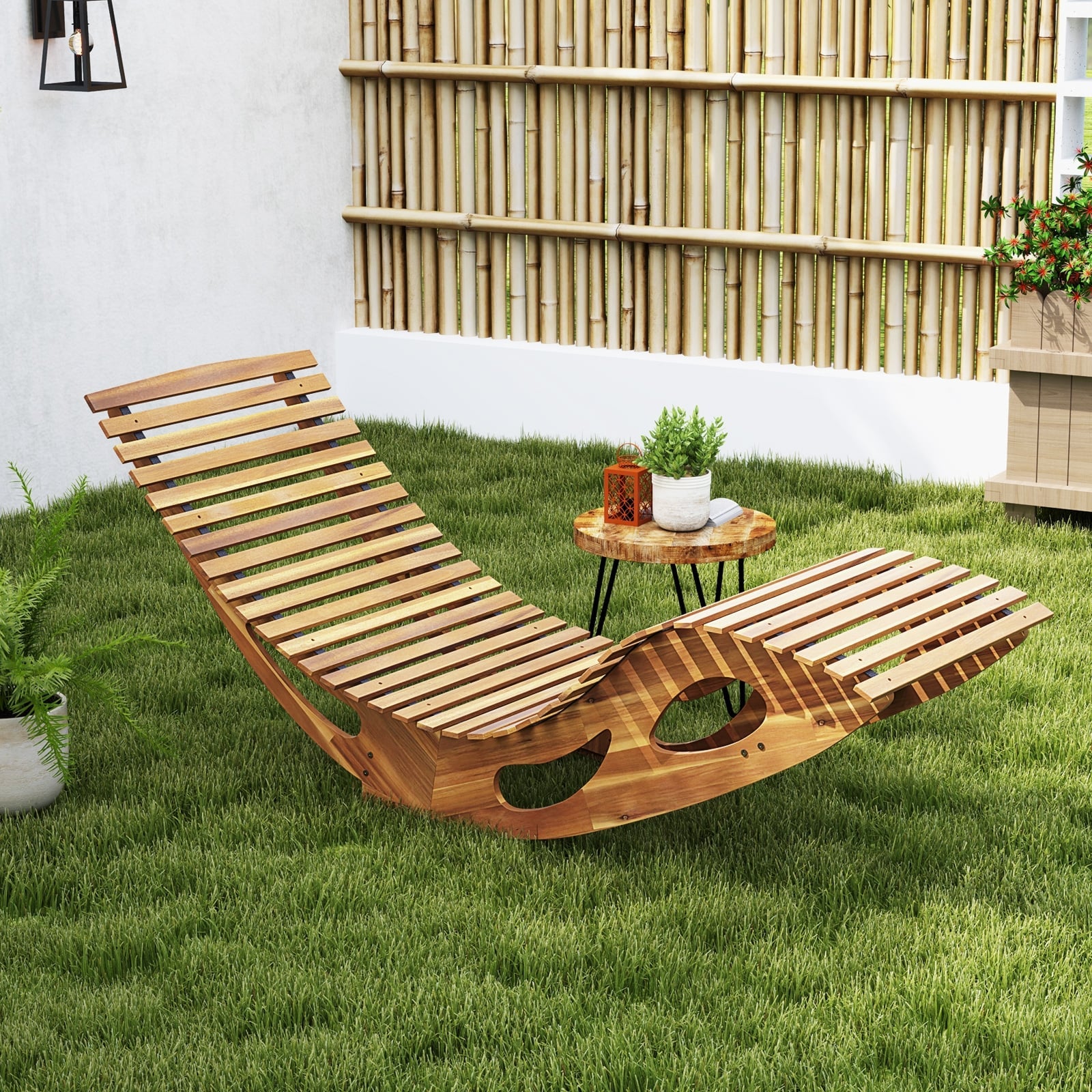 Acacia Wood Patio Rocking Sun Lounger, Ergonomic Curved Seat, Natural Patio Rocking Chairs & Gliders at Gallery Canada