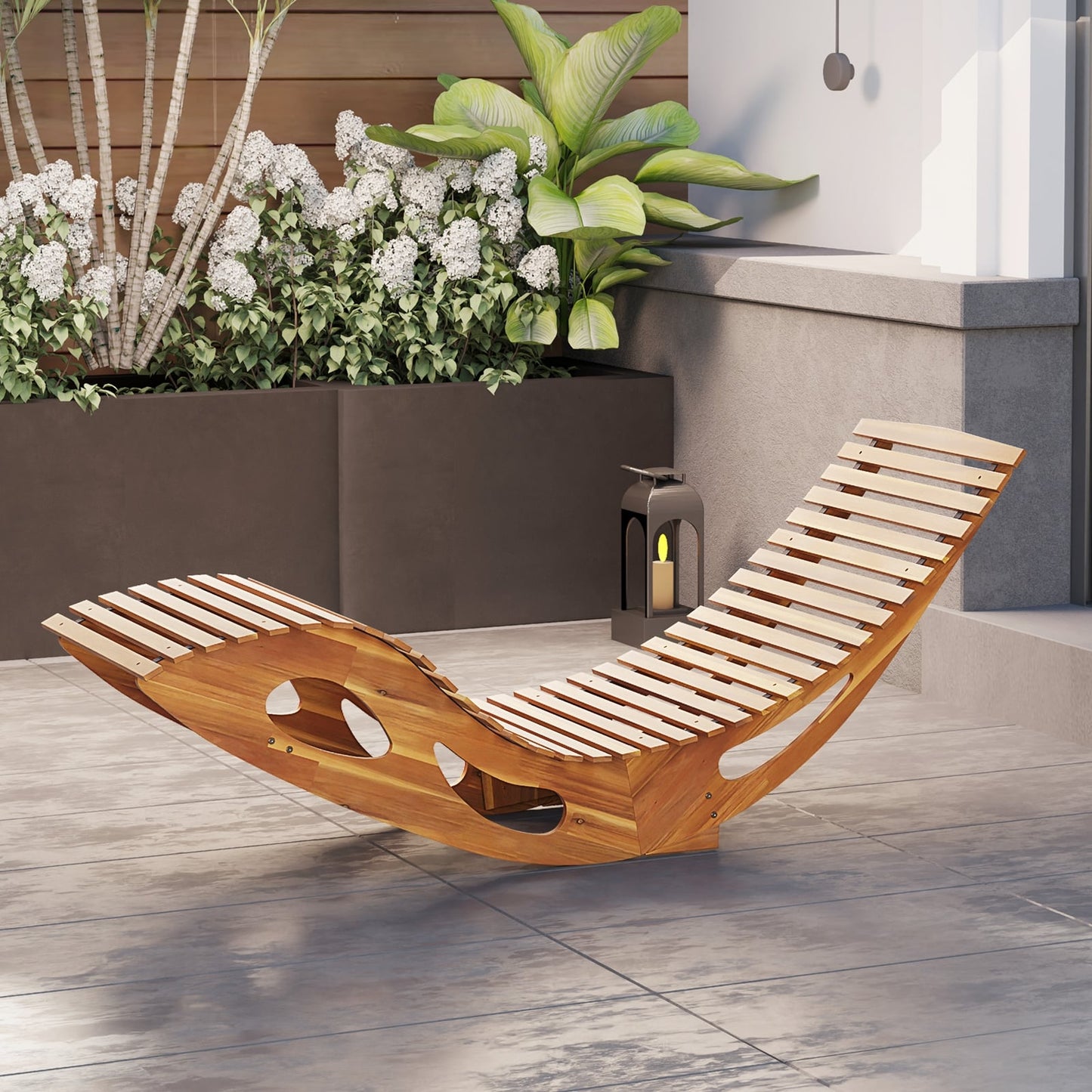 Acacia Wood Patio Rocking Sun Lounger, Ergonomic Curved Seat, Natural Patio Rocking Chairs & Gliders at Gallery Canada