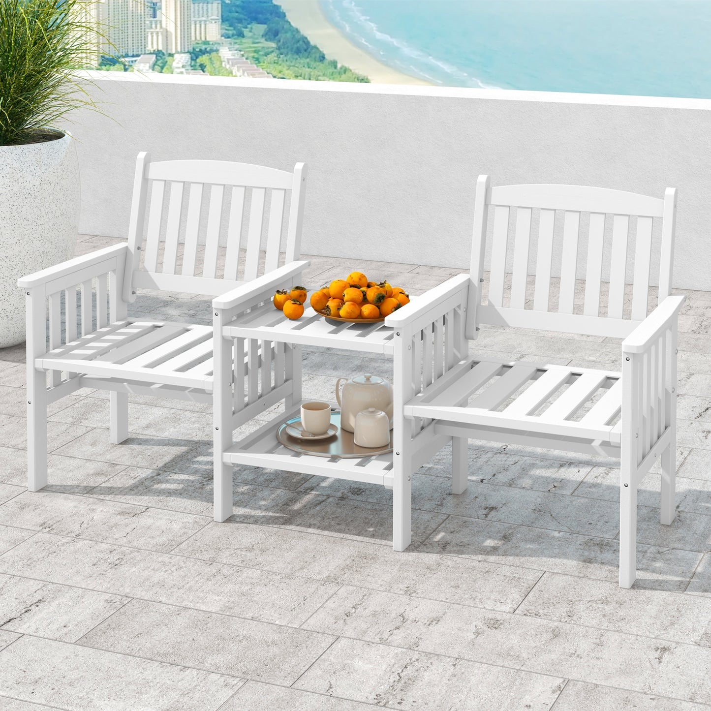 Fir Wood Loveseat With 2-Tier Side Table, 1.96" Umbrella Hole, White Patio Conversation Sets at Gallery Canada
