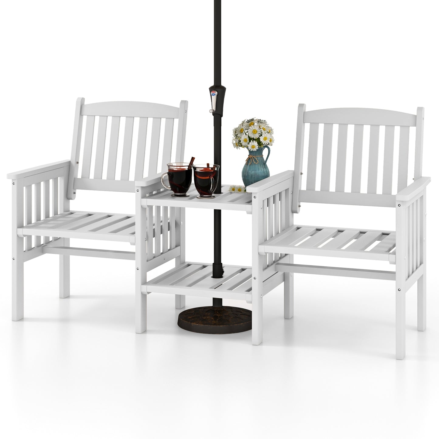 Fir Wood Loveseat With 2-Tier Side Table, 1.96" Umbrella Hole, White Patio Conversation Sets at Gallery Canada