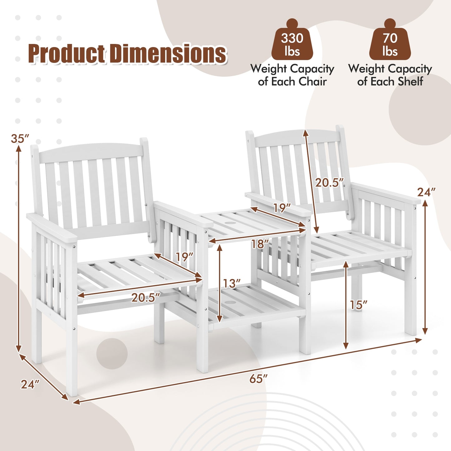 Fir Wood Loveseat With 2-Tier Side Table, 1.96" Umbrella Hole, White Patio Conversation Sets at Gallery Canada