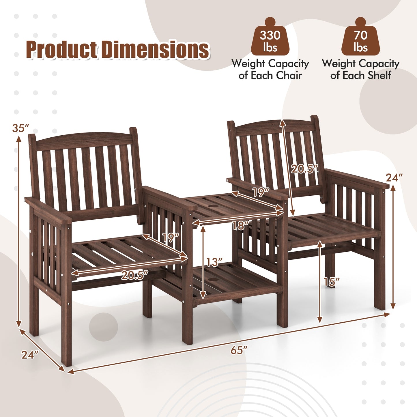 Fir Wood Loveseat With 2-Tier Side Table, 1.96" Umbrella Hole Patio Conversation Sets at Gallery Canada