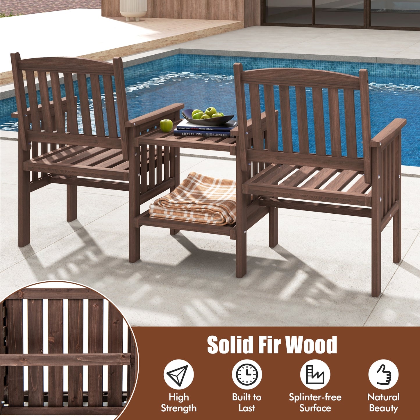 Fir Wood Loveseat With 2-Tier Side Table, 1.96" Umbrella Hole Patio Conversation Sets at Gallery Canada