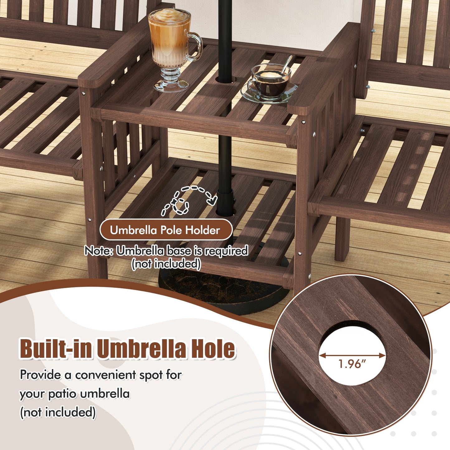 Fir Wood Loveseat With 2-Tier Side Table, 1.96" Umbrella Hole Patio Conversation Sets at Gallery Canada