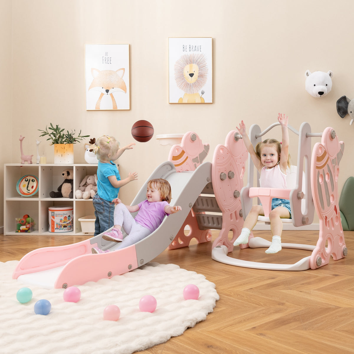 Kids Slide Swing Set With Basketball Hoop, Pink Climbers & Slides at Gallery Canada