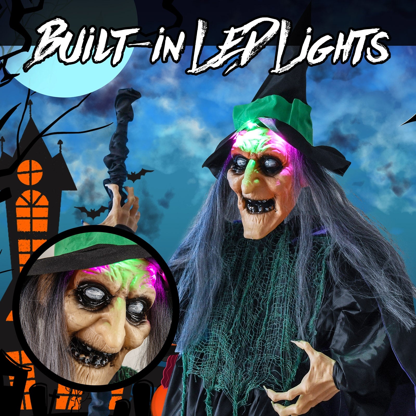 7 Feet Witch On Broom Halloween Animatronic, LED Lights, Multicolor Halloween at Gallery Canada