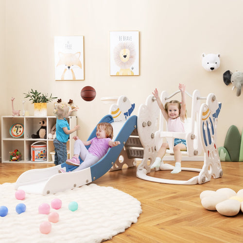 4-In-1 Kids Slide Swing Set With Basketball Hoop, Blue