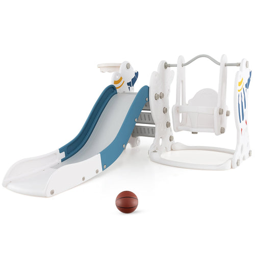 4-In-1 Kids Slide Swing Set With Basketball Hoop, Blue