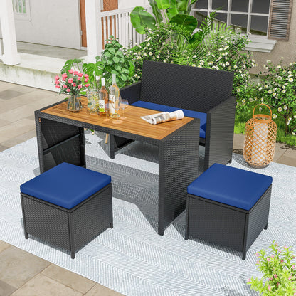 4 Piece Outdoor Dining Set, Wood Table, Rattan Loveseat, 2 Ottomans, Navy Patio Conversation Sets at Gallery Canada