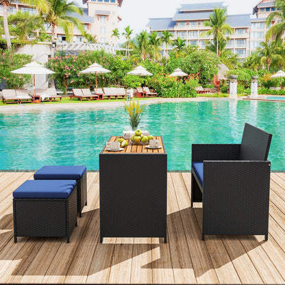 4 Piece Outdoor Dining Set, Wood Table, Rattan Loveseat, 2 Ottomans, Navy Patio Conversation Sets at Gallery Canada