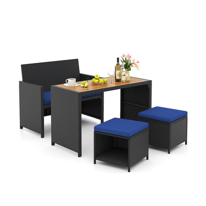 4 Piece Outdoor Dining Set, Wood Table, Rattan Loveseat, 2 Ottomans, Navy Patio Conversation Sets at Gallery Canada