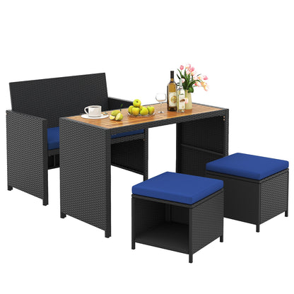 4 Piece Outdoor Dining Set, Wood Table, Rattan Loveseat, 2 Ottomans, Navy Patio Conversation Sets at Gallery Canada