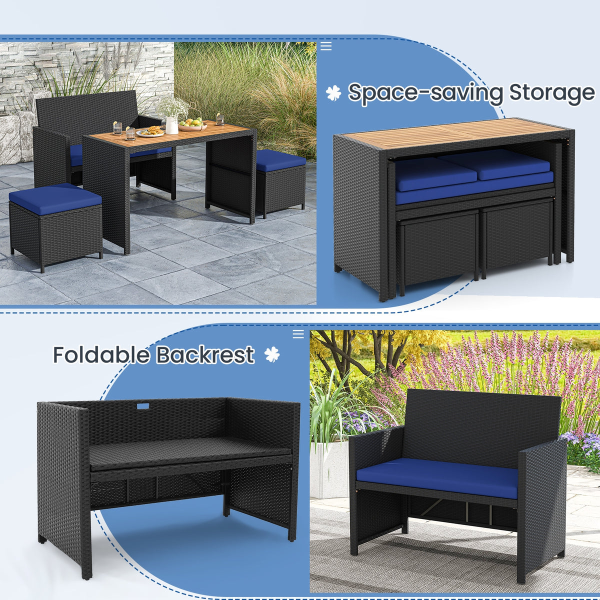4 Piece Outdoor Dining Set, Wood Table, Rattan Loveseat, 2 Ottomans, Navy Patio Conversation Sets at Gallery Canada