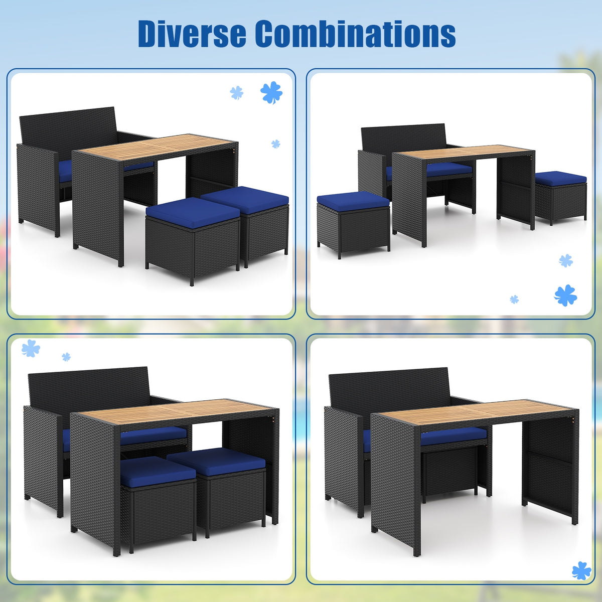 4 Piece Outdoor Dining Set, Wood Table, Rattan Loveseat, 2 Ottomans, Navy Patio Conversation Sets at Gallery Canada