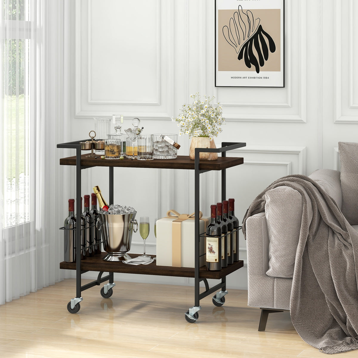 2-Tier Bar Cart, Lockable Wheels, Heavy-Duty Metal Frame, Rustic Brown Kitchen Islands & Carts at Gallery Canada