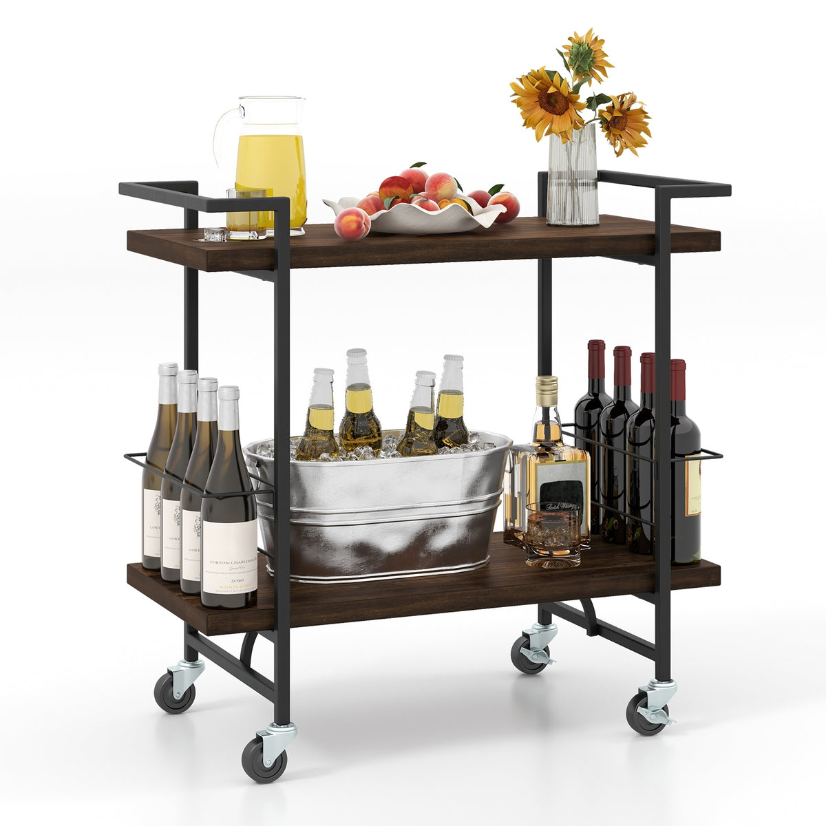 2-Tier Bar Cart, Lockable Wheels, Heavy-Duty Metal Frame, Rustic Brown Kitchen Islands & Carts at Gallery Canada