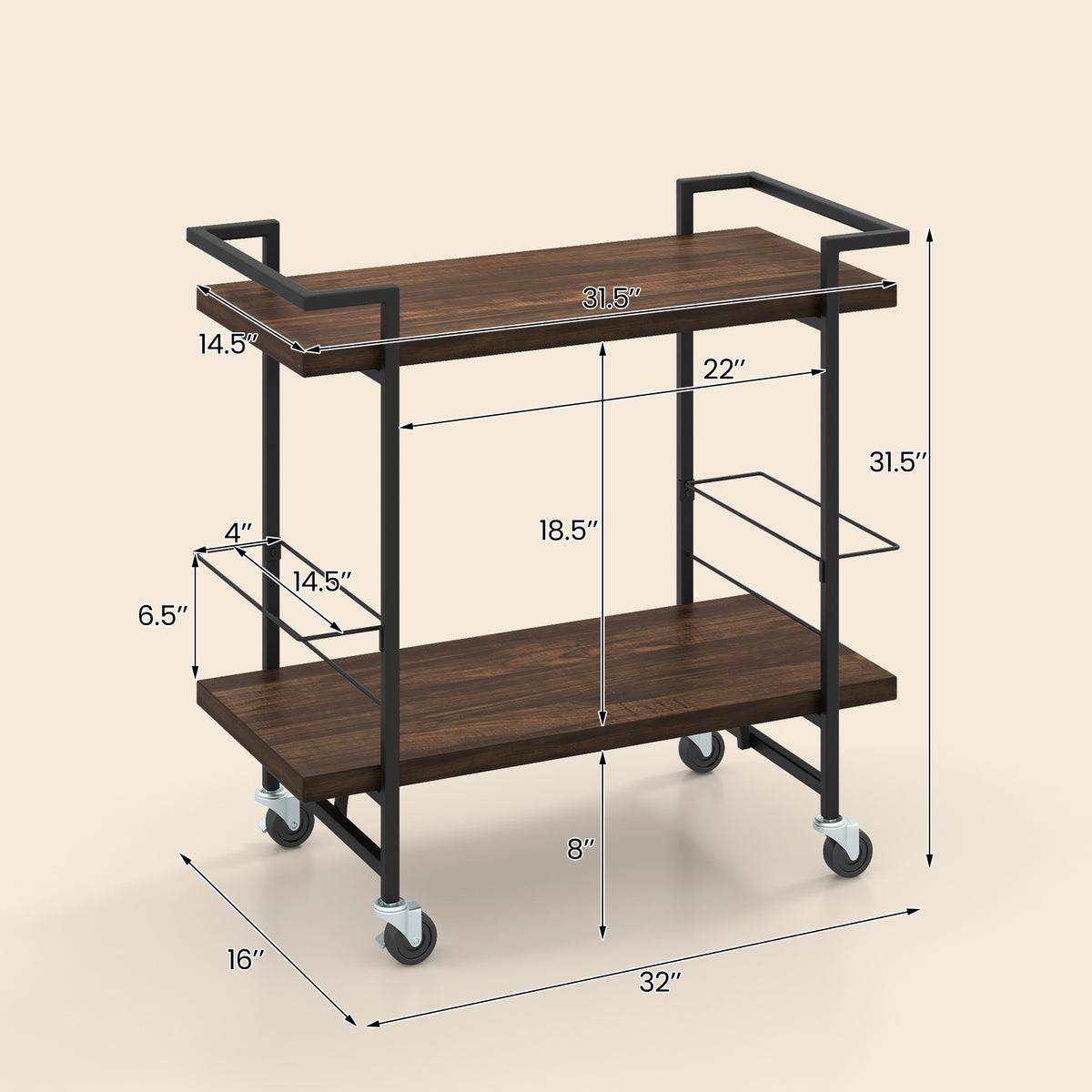 2-Tier Bar Cart, Lockable Wheels, Heavy-Duty Metal Frame, Rustic Brown Kitchen Islands & Carts at Gallery Canada