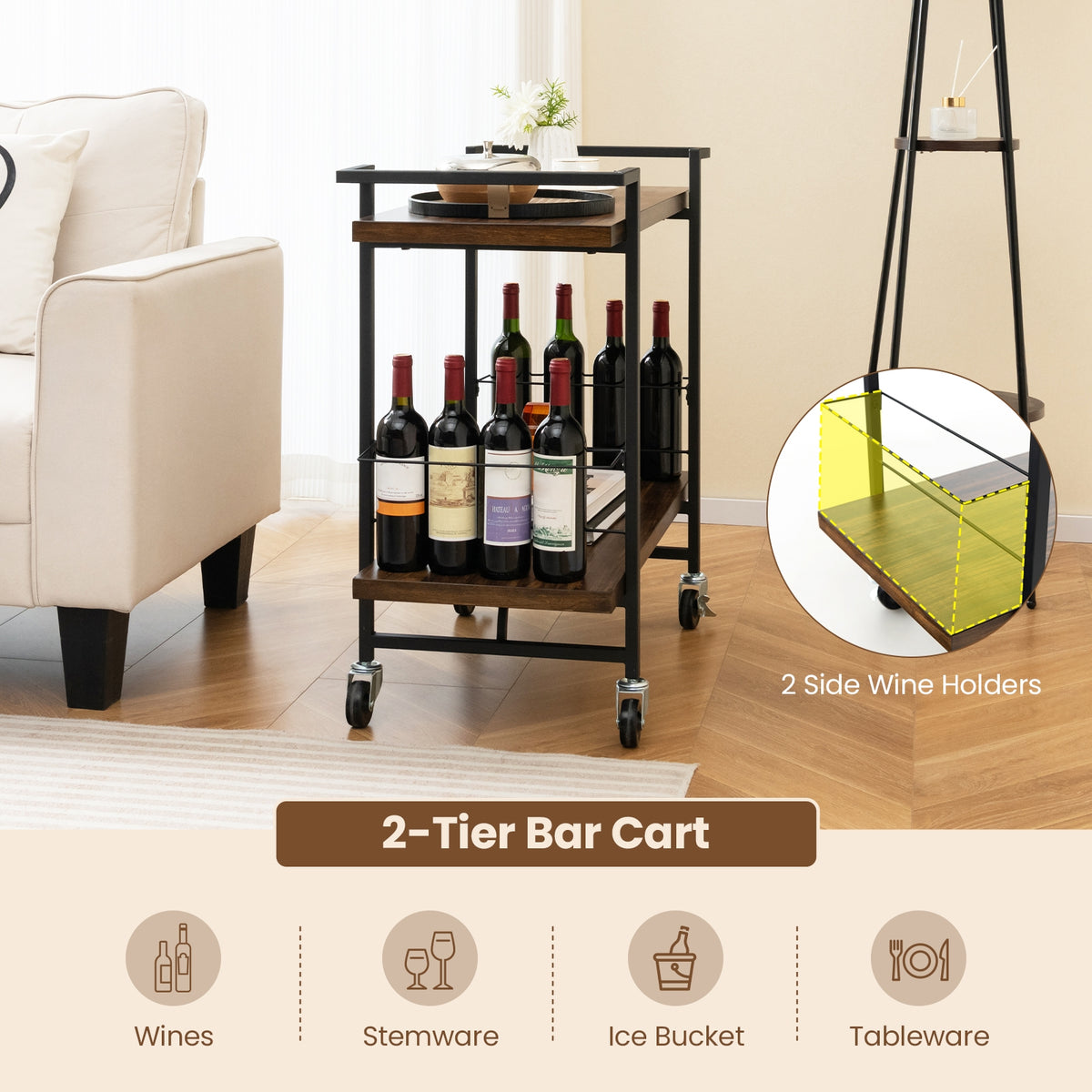 2-Tier Bar Cart, Lockable Wheels, Heavy-Duty Metal Frame, Rustic Brown Kitchen Islands & Carts at Gallery Canada