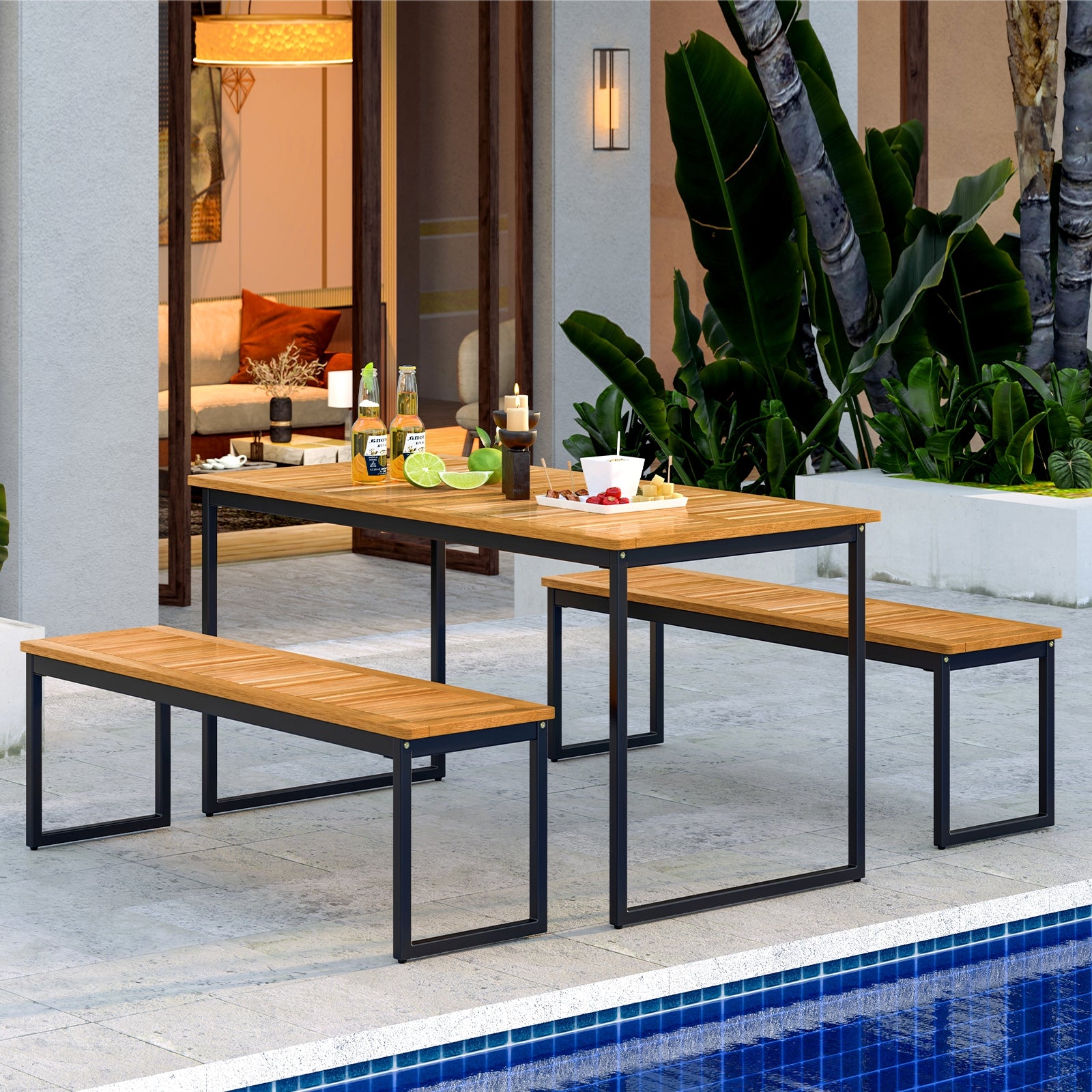 2-Person Patio Dining Bench Set, Natural Outdoor Benches at Gallery Canada