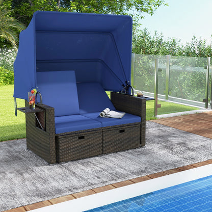 Outdoor Rattan Daybed, Retractable Canopy, Adjustable Backrests, Navy Outdoor Sectionals at Gallery Canada