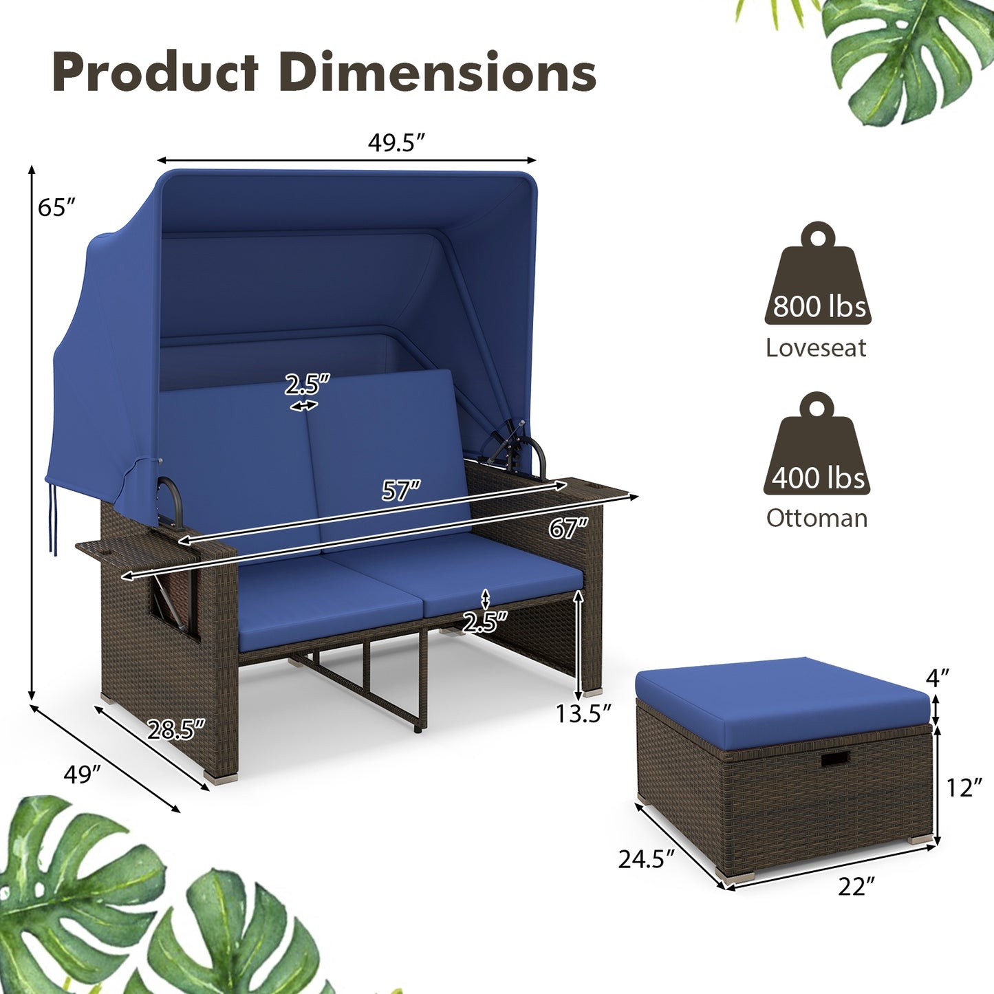 Outdoor Rattan Daybed, Retractable Canopy, Adjustable Backrests, Navy Outdoor Sectionals at Gallery Canada