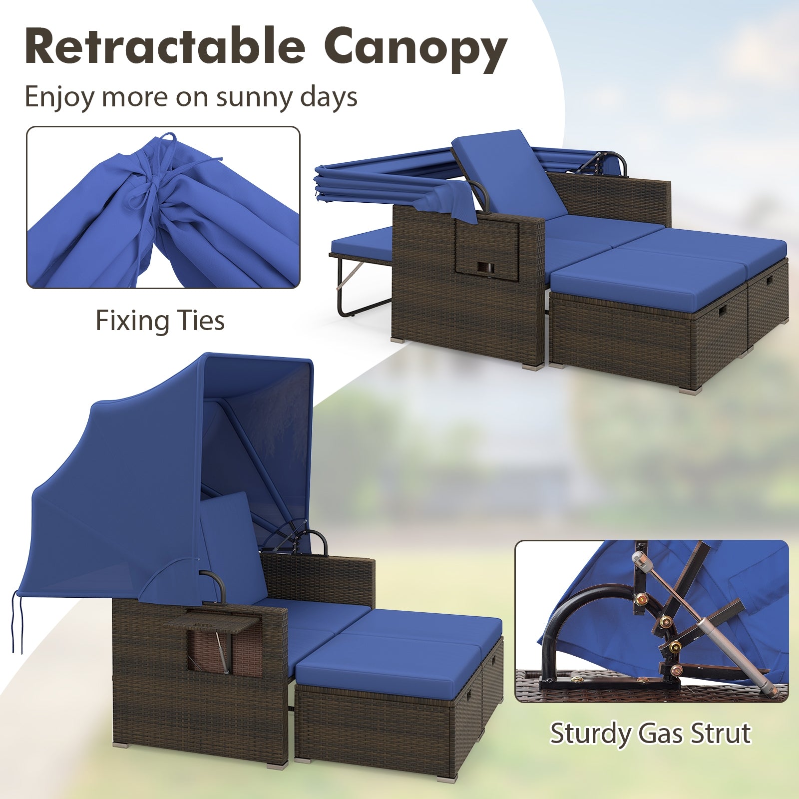 Outdoor Rattan Daybed, Retractable Canopy, Adjustable Backrests, Navy Outdoor Sectionals at Gallery Canada