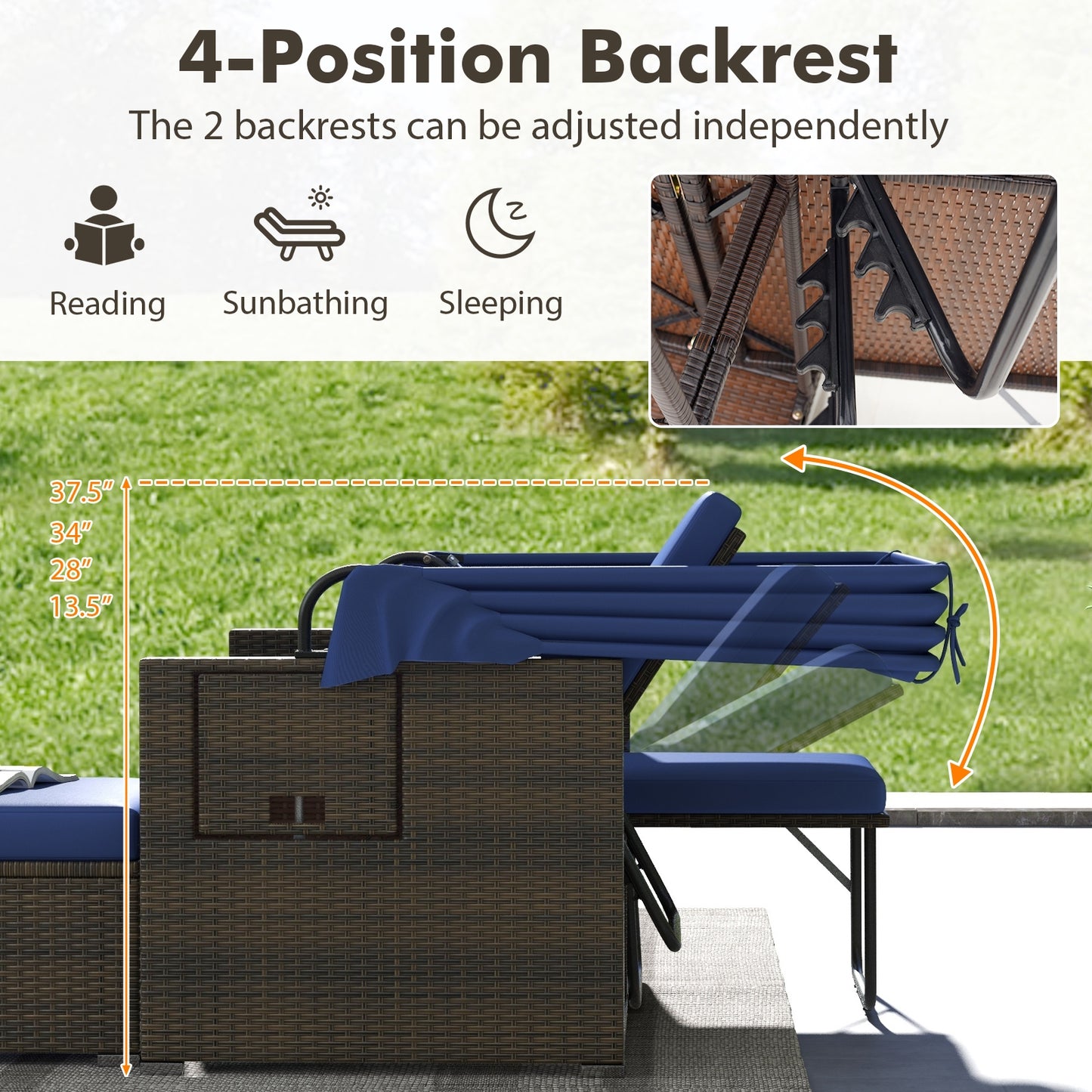 Outdoor Rattan Daybed, Retractable Canopy, Adjustable Backrests, Navy Outdoor Sectionals at Gallery Canada