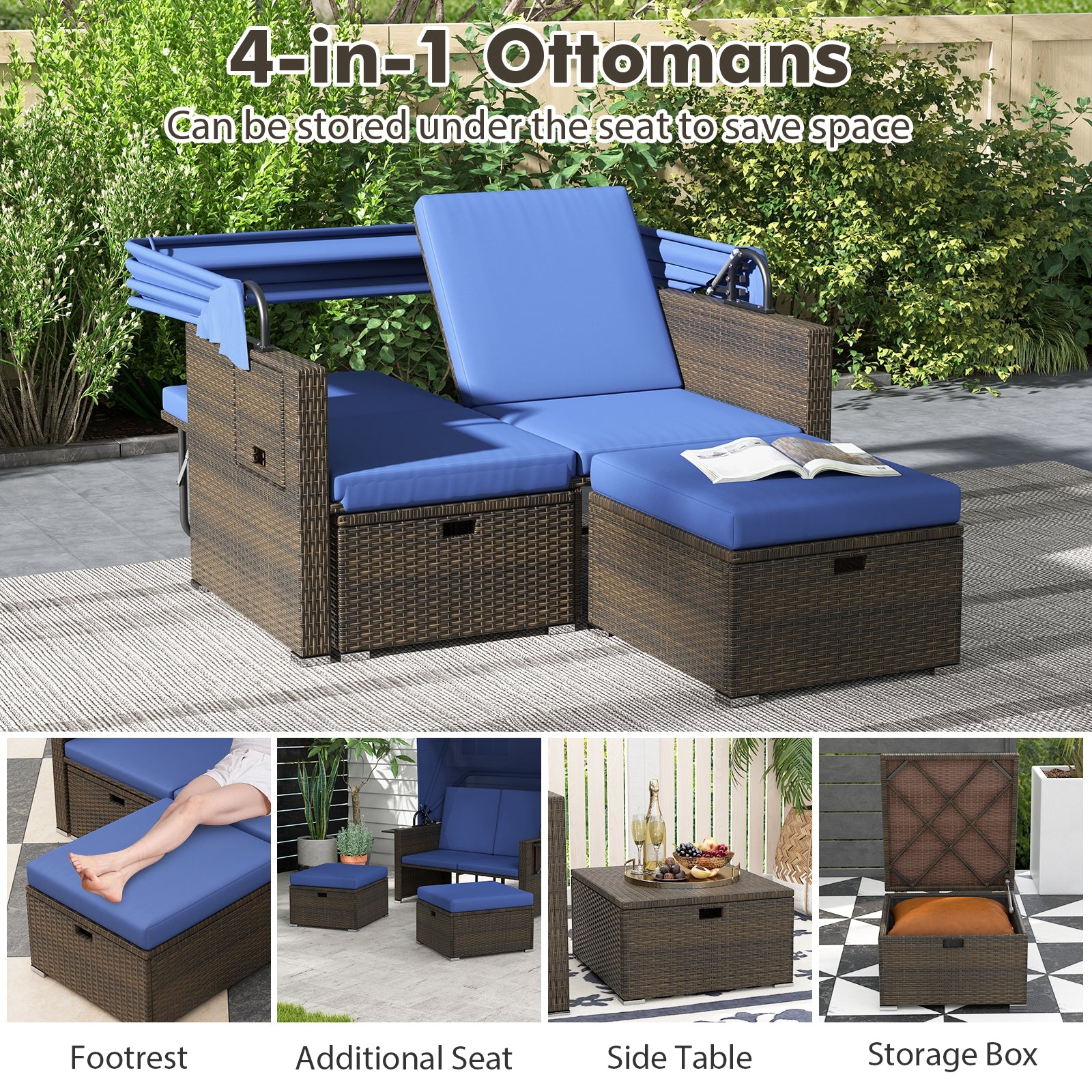 Outdoor Rattan Daybed, Retractable Canopy, Adjustable Backrests, Navy Outdoor Sectionals at Gallery Canada