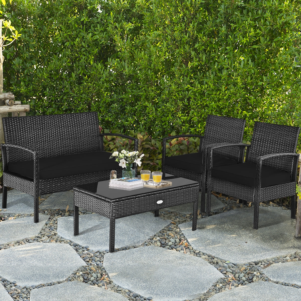 4 Piece Patio Rattan Cushioned Furniture Set, Black Patio Conversation Sets at Gallery Canada