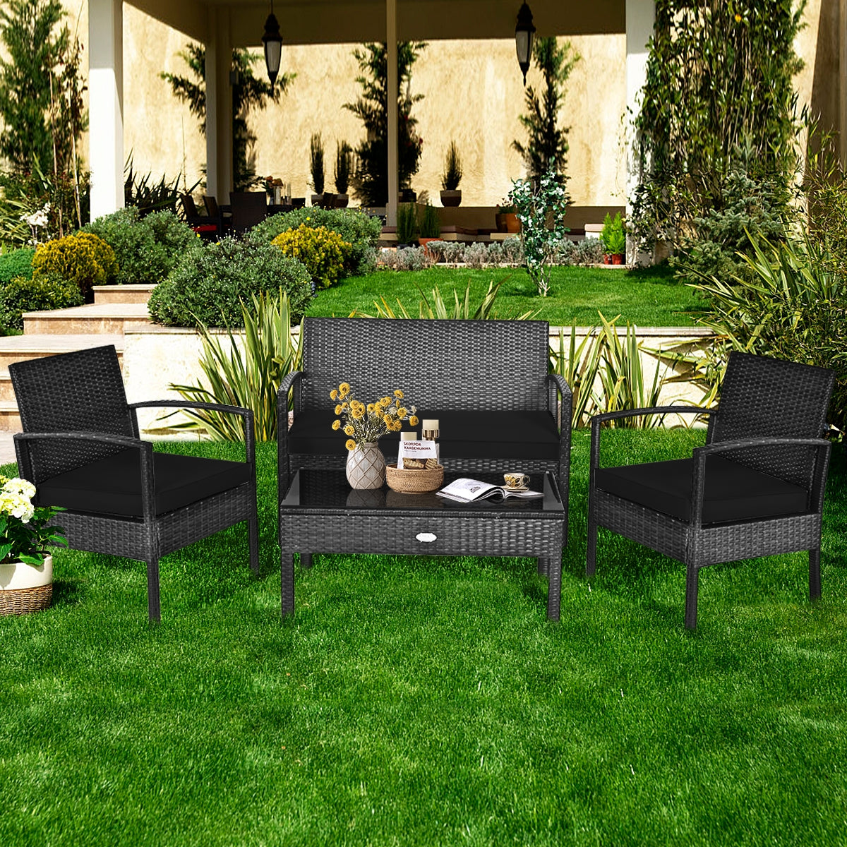 4 Piece Patio Rattan Cushioned Furniture Set, Black Patio Conversation Sets at Gallery Canada