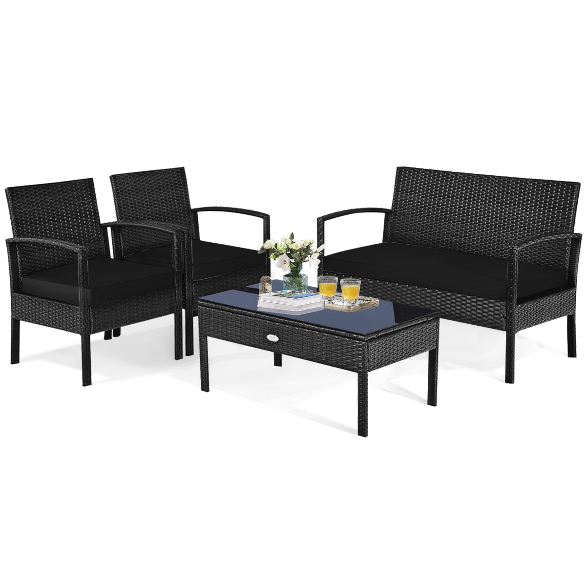 4 Piece Patio Rattan Cushioned Furniture Set, Black Patio Conversation Sets Black at Gallery Canada
