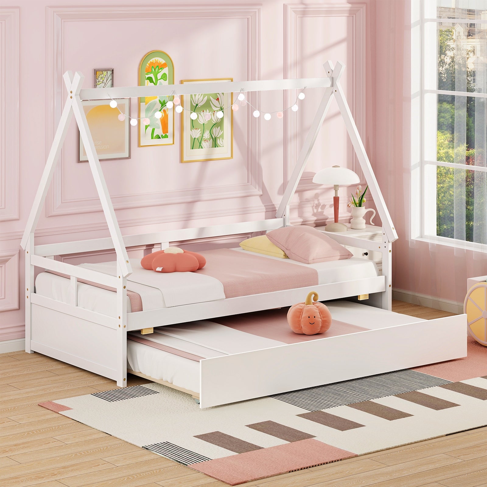 Twin Size House Bed With Trundle, Safety Guardrail, White Trundle Bed Frame at Gallery Canada