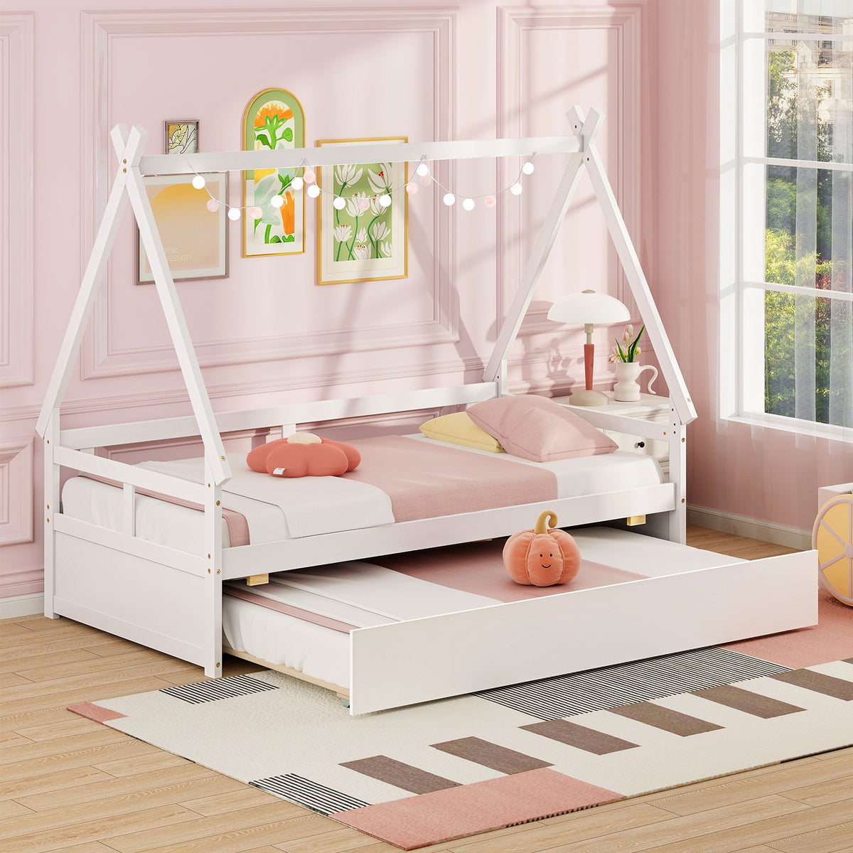 Twin Size House Bed With Trundle, Safety Guardrail, White Trundle Bed Frame at Gallery Canada