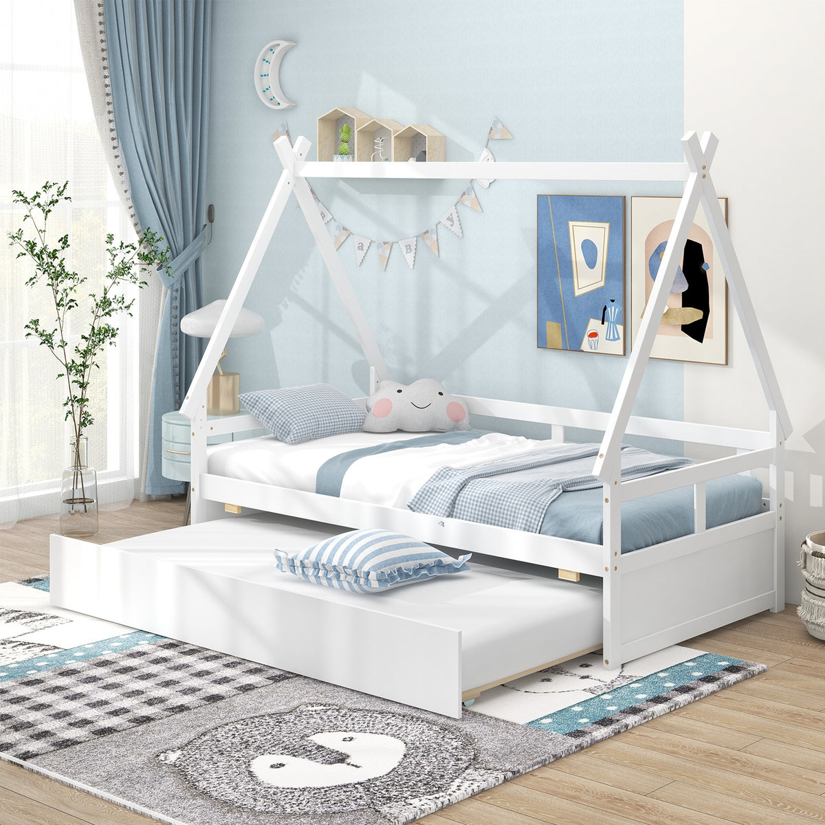 Twin Size House Bed With Trundle, Safety Guardrail, White Trundle Bed Frame at Gallery Canada