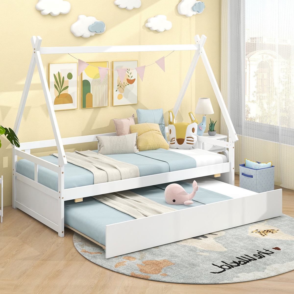 Twin Size House Bed With Trundle, Safety Guardrail, White Trundle Bed Frame at Gallery Canada