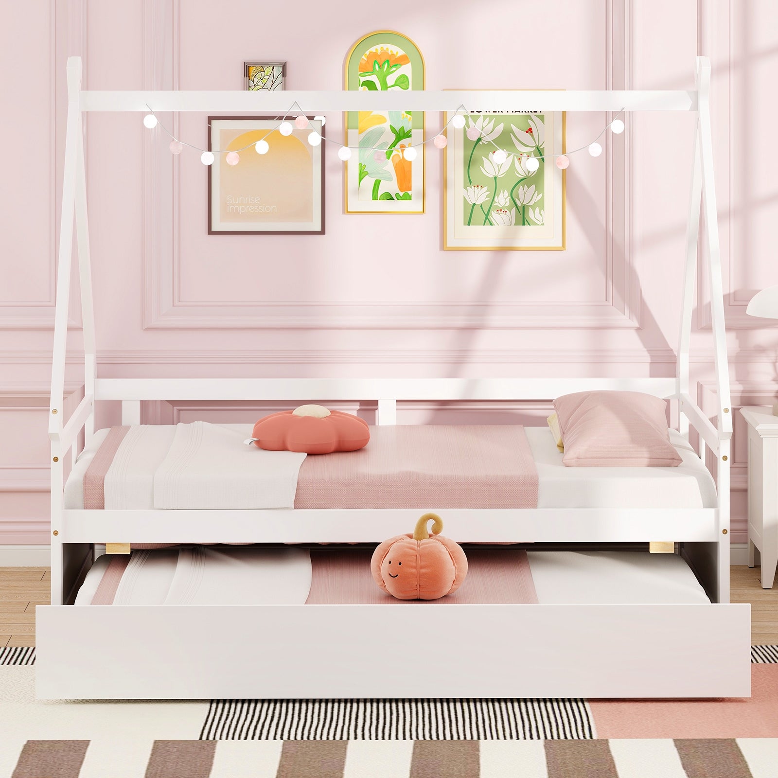 Twin Size House Bed With Trundle, Safety Guardrail, White Trundle Bed Frame at Gallery Canada