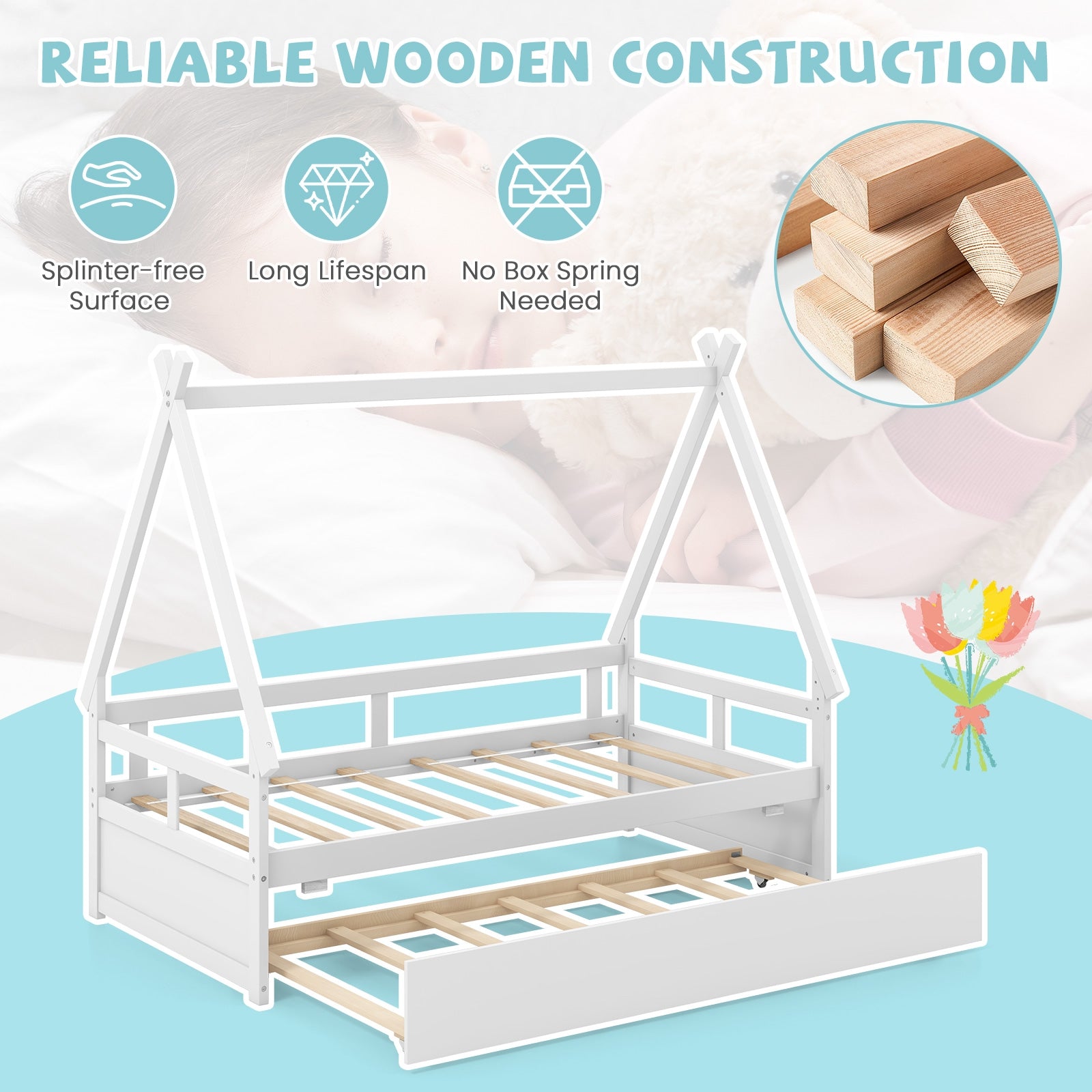 Twin Size House Bed With Trundle, Safety Guardrail, White Trundle Bed Frame at Gallery Canada