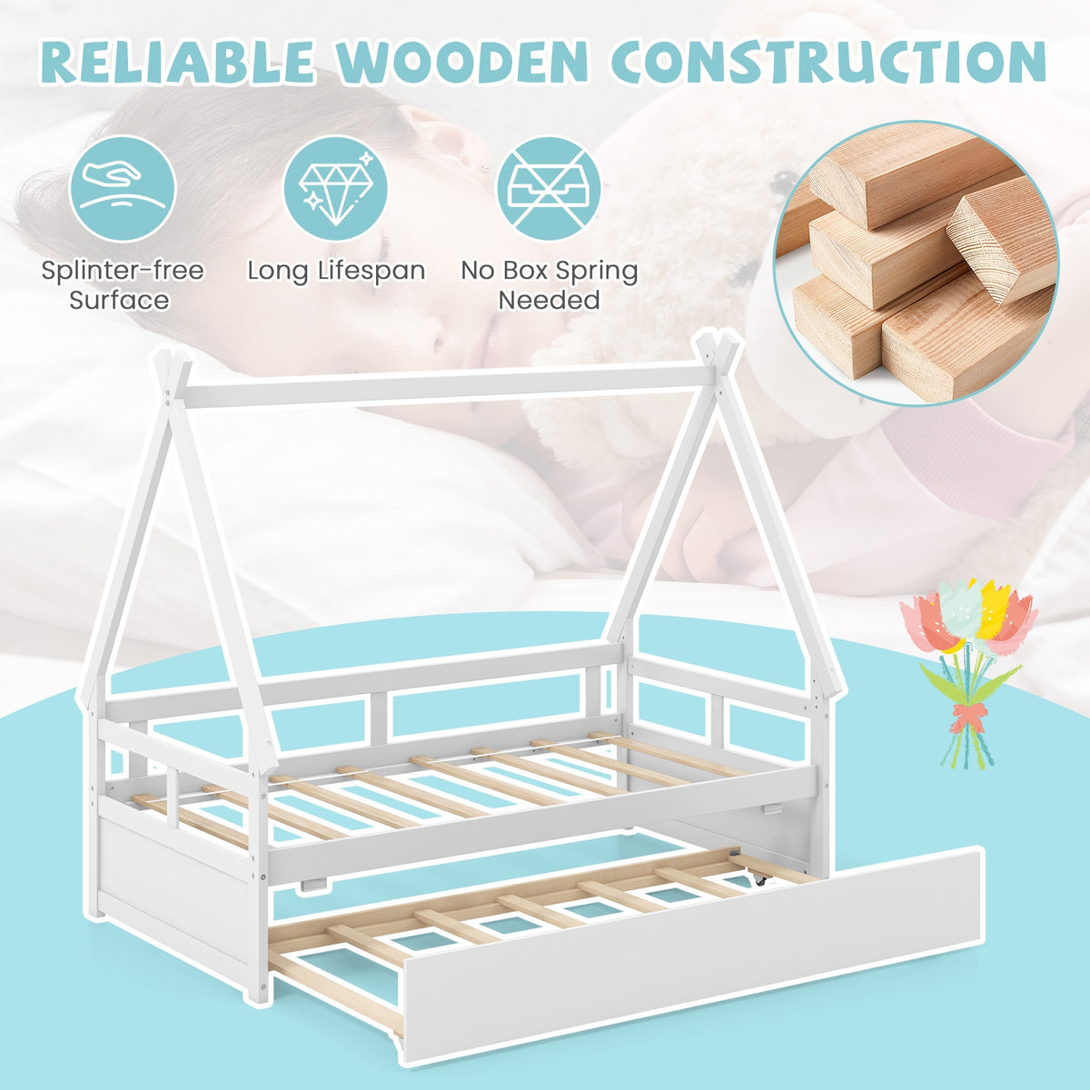 Twin Size House Bed With Trundle, Safety Guardrail, White Trundle Bed Frame at Gallery Canada
