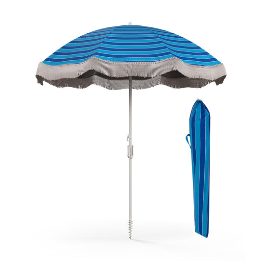 6.5 FT Beach Umbrella With Fringe, Push Button Tilt, Navy Outdoor Umbrellas Navy at Gallery Canada