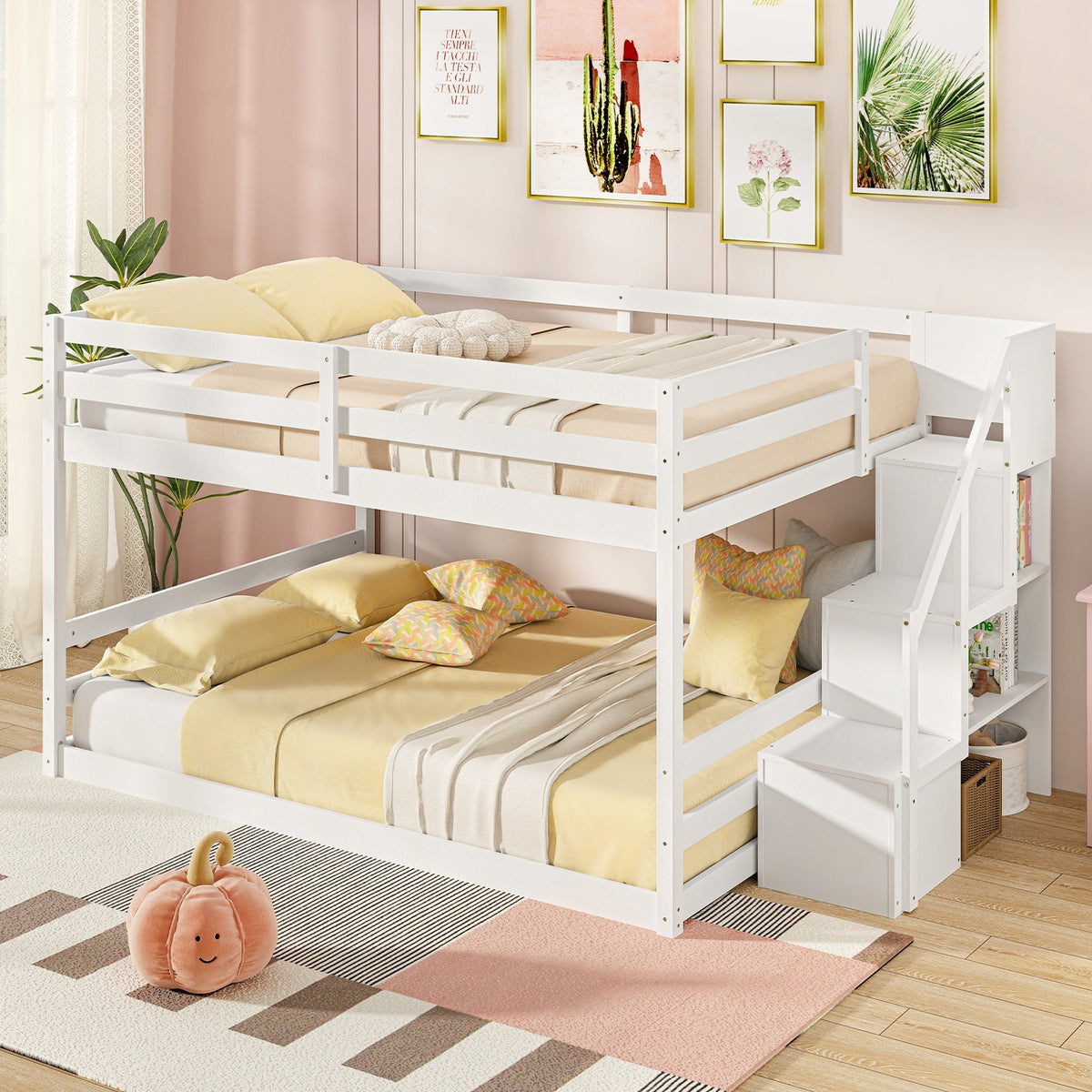 Solid Wood Full Over Full Low Bunk Bed, Storage Stairs, White Bunk Bed Frame at Gallery Canada