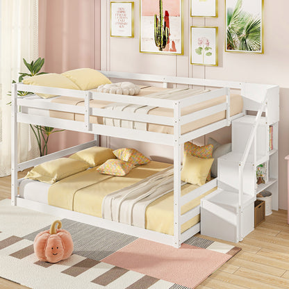 Solid Wood Full Over Full Low Bunk Bed, Storage Stairs, White Bunk Bed Frame at Gallery Canada
