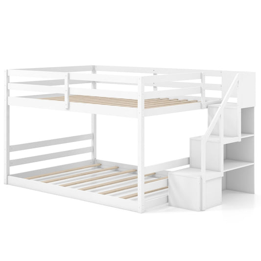 Solid Wood Full Over Full Low Bunk Bed, Storage Stairs, White Bunk Bed Frame White at Gallery Canada
