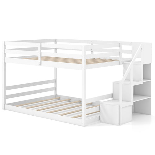 Solid Wood Full Over Full Low Bunk Bed, Storage Stairs, White