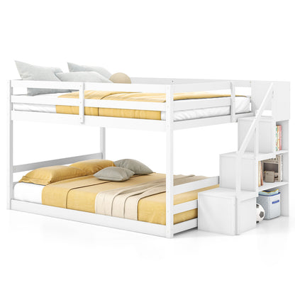 Solid Wood Full Over Full Low Bunk Bed, Storage Stairs, White Bunk Bed Frame at Gallery Canada
