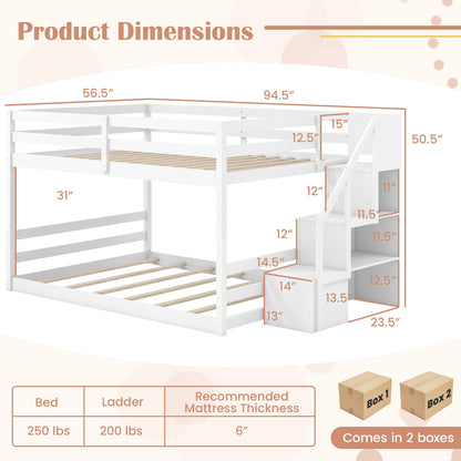 Solid Wood Full Over Full Low Bunk Bed, Storage Stairs, White Bunk Bed Frame at Gallery Canada